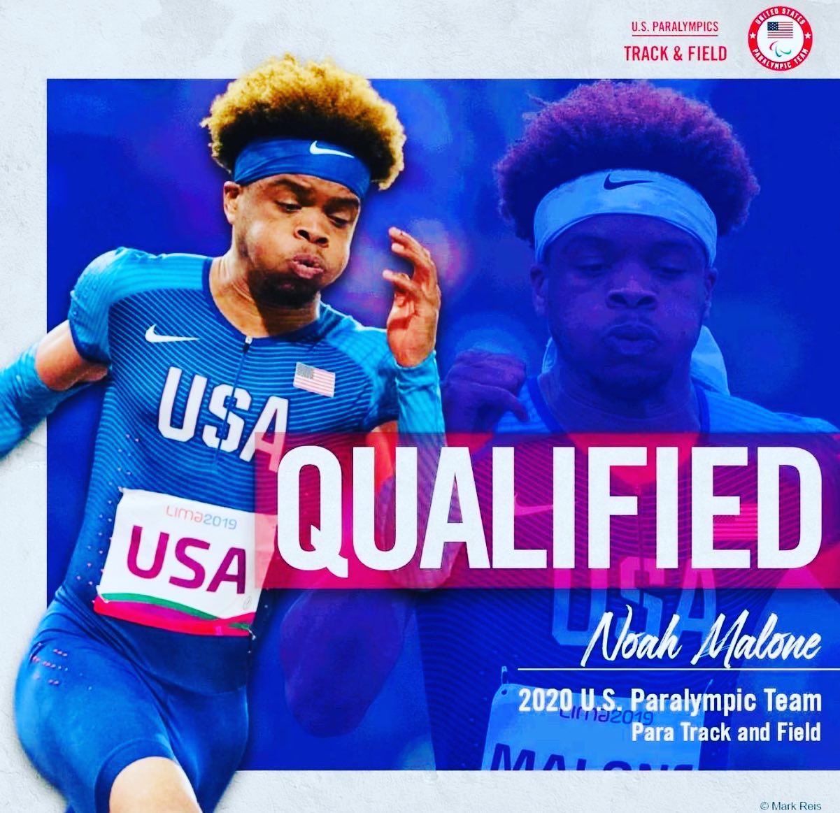 a track and field runner in front of a graphic that says, "qualified noah malone 2020 u.s. paralympic team para track and field"