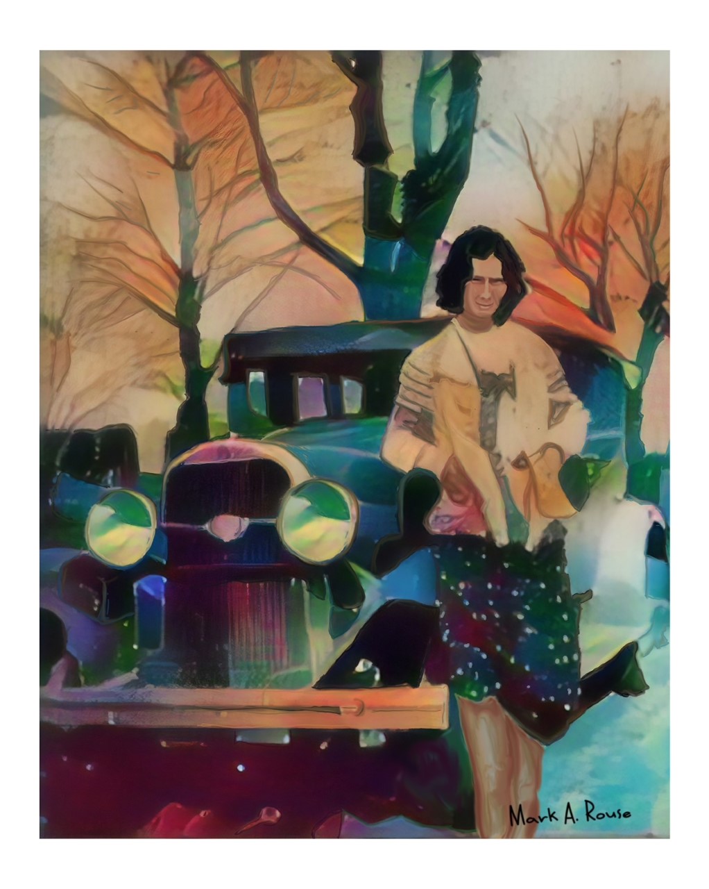 a painting of a woman in front of car