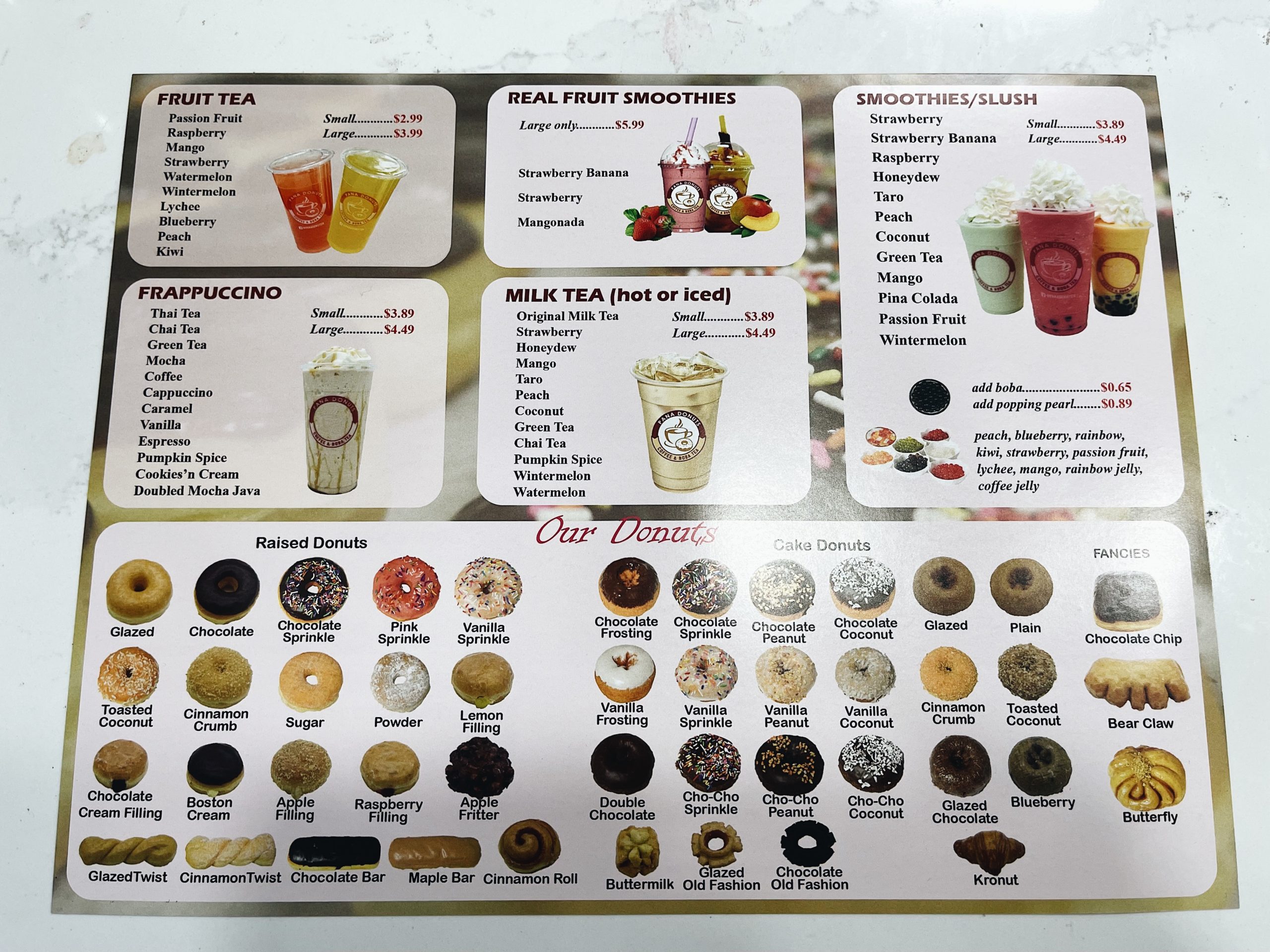 an assorted menu with donuts, boba tea, baked goods, sandwiches