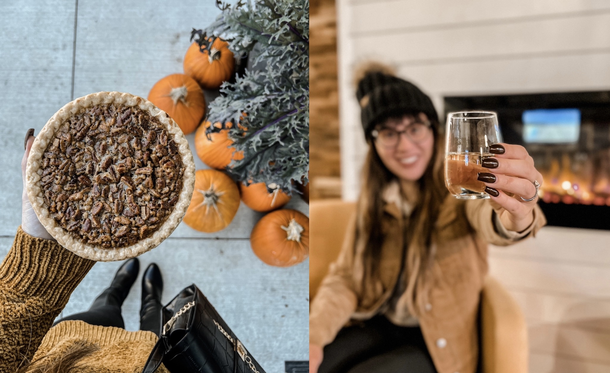 two photos stitched together. the left being a hand holding a pecan pie. the right being a girl holding a glass of wine