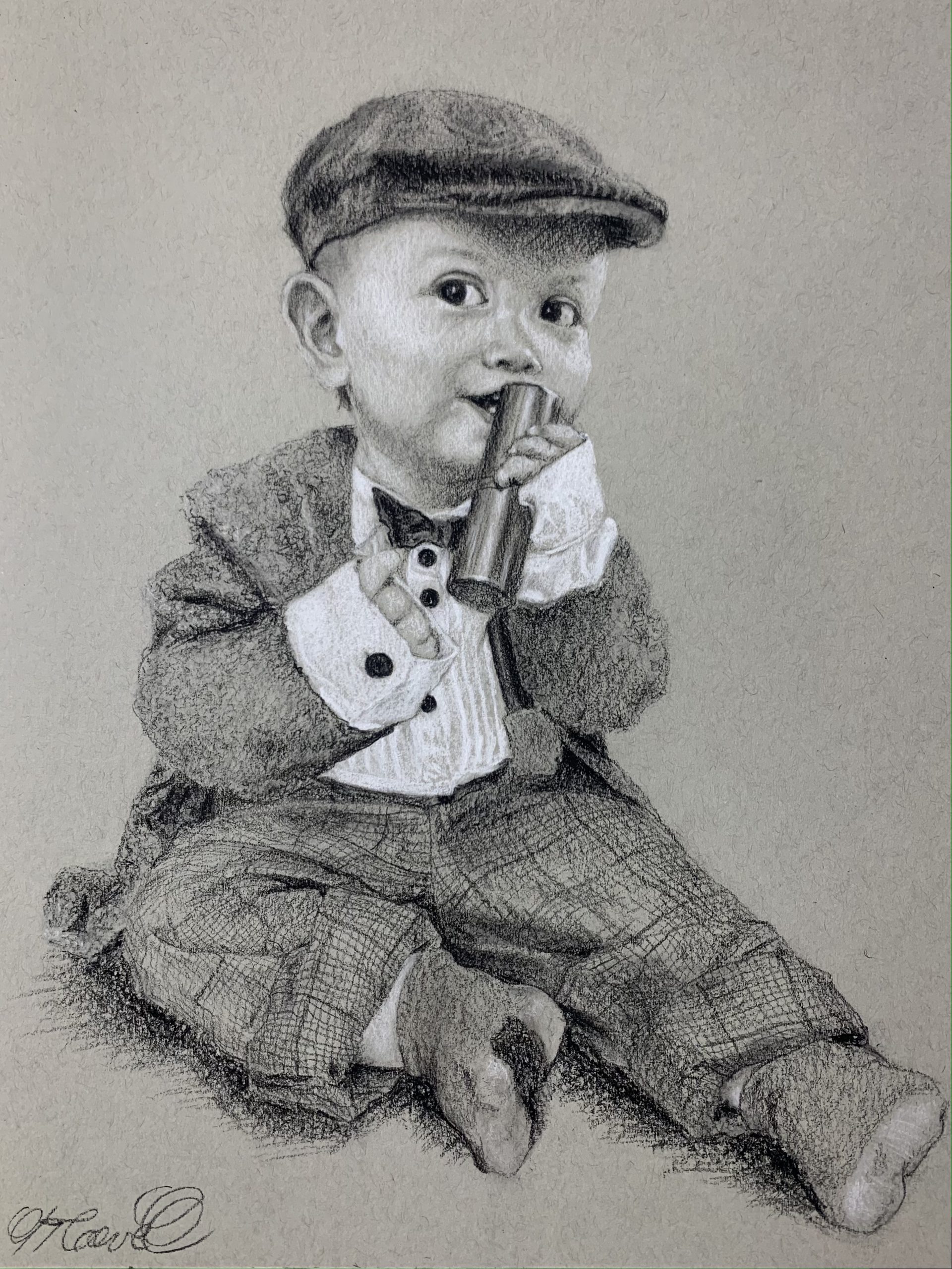a painting of a baby in a suit sitting down