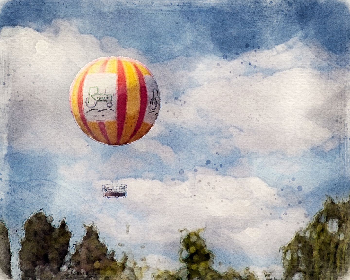 a painting of a hot air balloon in the sky