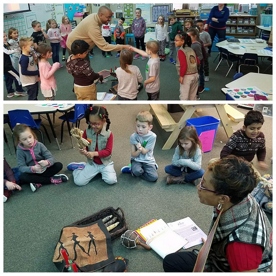 a collage of two photos of a man teaching to a class of elementary aged children
